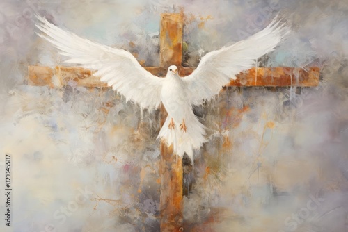 An inspiring painting of a cross, a crown, and a dove, representing the holy trinity of Christian symbols The artwork features soft, ethereal colors and delicate brushstrokes, emphasizing the spiritua