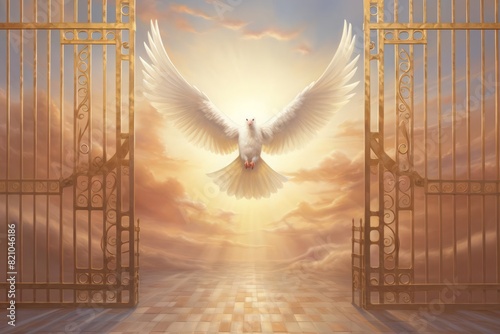 An illustration of a dove gracefully flying through the pearly gates of heaven The painting features a soft, luminous color palette and delicate lines, highlighting the spiritual significance of the m