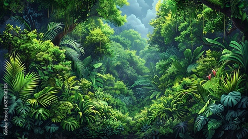 Tropical Forest Background, Wide shot of the dense underbrush in a tropical forest, with various plants, bushes, and trees creating a rich tapestry of greenery. Illustration image,