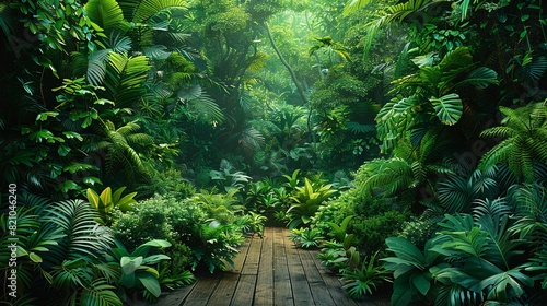 Tropical Forest Background, Wide shot of the dense underbrush in a tropical forest, with various plants, bushes, and trees creating a rich tapestry of greenery. Illustration image,