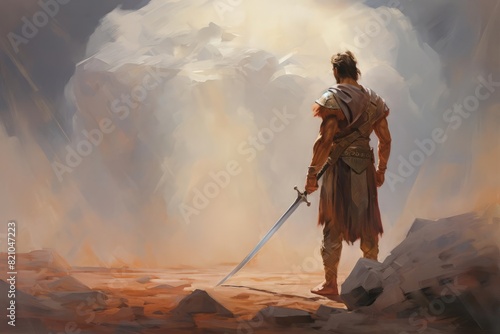 A powerful painting depicting the moment of faith overcoming a giant, with David standing confidently before Goliath The artwork uses a soft and subdued color palette, with gentle brushstrokes to crea