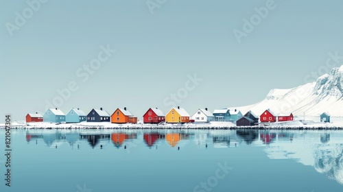 Arctic city panorama with colorful houses at snow.