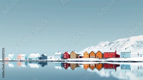 Arctic city panorama with colorful houses at snow.
