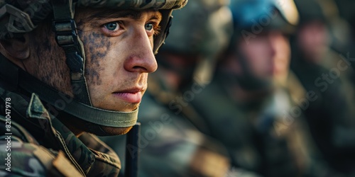 This image captures the detailed close-up of a soldier's uniform and gear with the face blurred for privacy