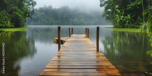 Tranquil lakeside with a wooden dock surrounded by lush greenery. Concept Nature Photography, Lakeside Serenity, Wooden Dock, Lush Greenery, Tranquil Landscape