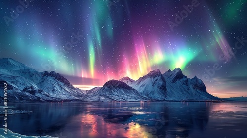 Astronomy Background, Aurora borealis illuminating a mountain range with the light show creating a surreal and beautiful night-time landscape scene. Illustration image,