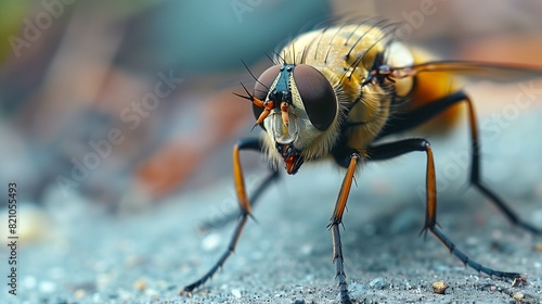 Close-up fly on gray surface with blurred background concept tilt-shift insect