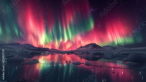 Astronomy Background, Northern lights visible over an icy landscape with the vibrant aurora reflecting on the frozen surface creating a stunning and serene scene. Illustration image,