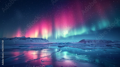 Astronomy Background, Northern lights visible over an icy landscape with the vibrant aurora reflecting on the frozen surface creating a stunning and serene scene. Illustration image,