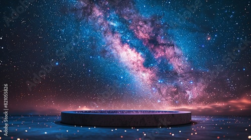 Astronomy Background, Podium against a backdrop of the Milky Way with the dense star field providing a breathtaking and cosmic setting for speeches or presentations. Illustration image,