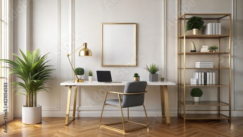 Home Office Frame Mockup – Brass Frame: A modern home office with a brass frame on a white wall, suitable for contemporary and elegant artwork presentations. 