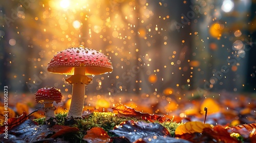 autumn seasonal background little mushrooms growing on forest floor in wet moss and fallen leaves under rain drops and autumnal sun fall season magical ambience.stock photo