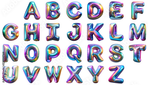 Alphabet in the shape of 3D balloons with a glossy holographic finish in vibrant colors on a transparent background.