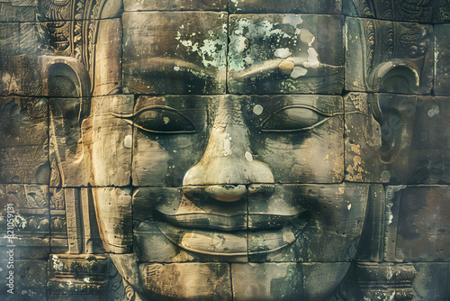 smiling face ancient of bayon in angkor thom cambodia AI