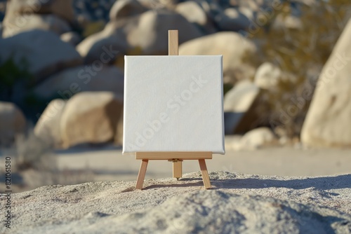 a white easel on a rock in the desert