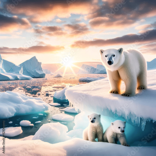 White polar bear with cute cubs on ice floe in the ocean, Arctic sun shiny beams, icebergs. Background illustration
