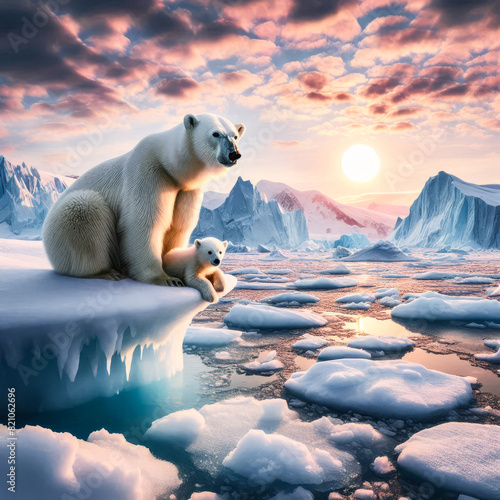 White polar bear with a cute cub on the edge of ice floe in the ocean, Arctic landscape with icebergs and sunset sky. Background illustration
