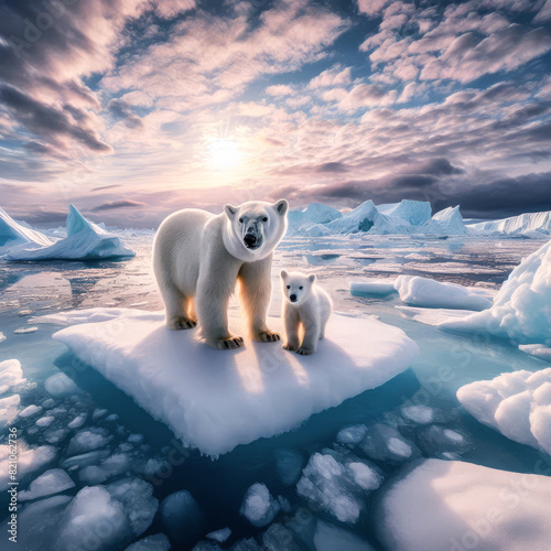 White polar bear with cub on Arctic ice floe in the ocean, beautiful northern sunset sky, purple and blue. Background landscape illustration