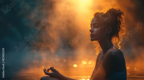 A young woman bathed in ethereal hues, meditating in the lotus position, has transcended into a realm of profound awareness and enlightenment..stock image