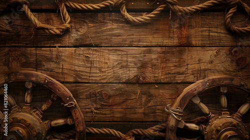 A textural antique background content slide with an old Wild West theme or Nautical Theme - rustic wood planks, a wooden wheel and rope create a western or pirate theme concept - wallpaper, desktop