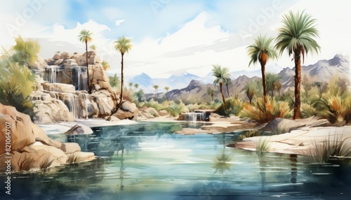Scenic desert oasis with palm trees, clear water, and distant mountains under a blue sky with clouds. Serene and tranquil nature landscape.