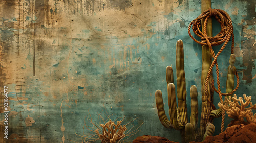 A turquoise vintage background or wallpaper with cactus and rope on aged grunge stucco wall, western style - a textural antique background with an old Wild West theme or desert southwest motif