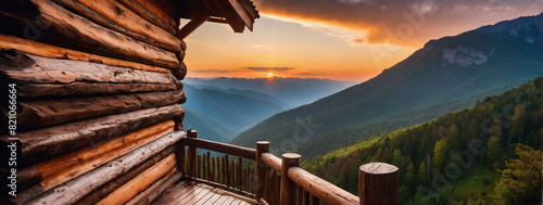High mountain cliff with a wooden porch and warm orange sunset