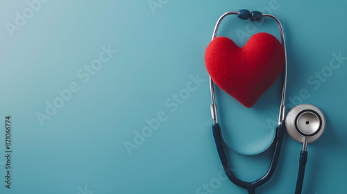 Stethoscope and red hearts on a blue background Health care concept