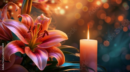 Vibrant lily flower in full bloom, positioned next to a flickering candle that casts a warm light