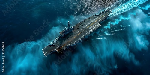 Aircraft carrier at sea symbolizing naval operations military power and vastness. Concept Military power, Naval operations, Vastness, Aircraft carrier, Sea