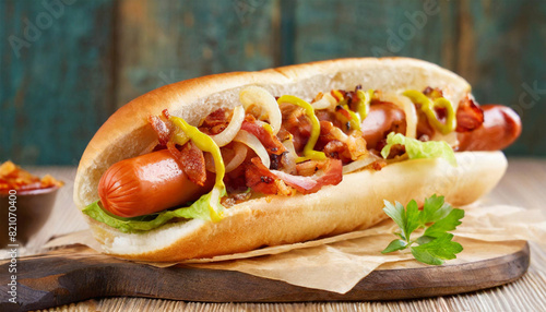 Hotdog sandwich with crispy bacon, onions, mustard and lettuce on a wooden tray.