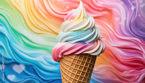 A vibrant, colorful swirl of rainbow ice cream served in a classic waffle cone