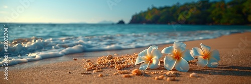 Serenity Found: Beach Plumeria Flowers with Ocean View Generative AI
