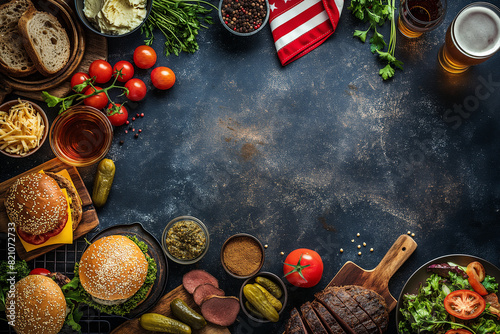 Food background with burgers, vegetables ans spices, space for copy