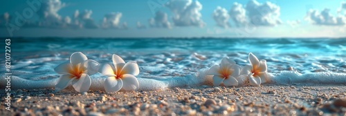 Tropical Beach Scene with Plumeria Flowers Generative AI