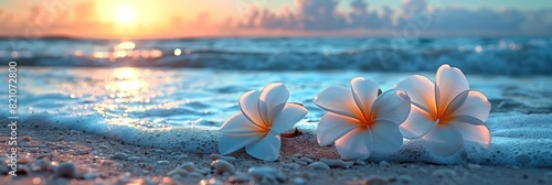 Tropical Beach Scene with Plumeria Flowers Generative AI