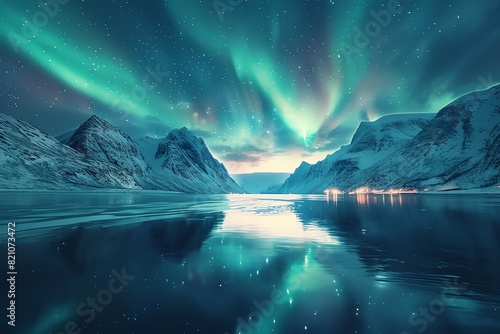 Aurora borealis and stars over a Nordic fjord