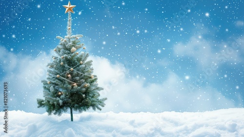Snowy Christmas Tree Under Starry Night Sky