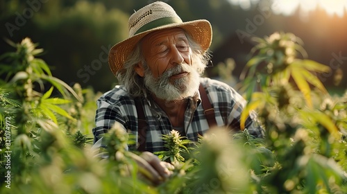 An elderly individual utilizes CBD-infused cannabis to alleviate rheumatism and pain, facilitating a comfortable drying process of their harvested cannabis crop..illustration