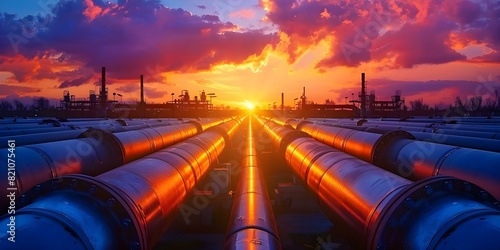 Sunset view of industrial pipelines showcasing modern energy infrastructure against vibrant sky. Concept Industrial Pipelines, Sunset View, Energy Infrastructure, Vibrant Sky