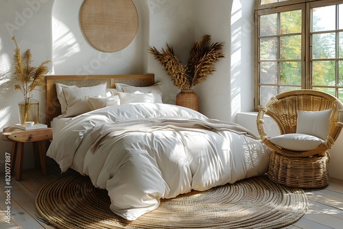 Minimalist bedroom interior mockup with a wooden bed, white wall and rattan armchair in the style of boho style.