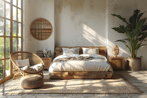 Minimalist bedroom interior mockup with a wooden bed, white wall and rattan armchair in the style of boho style.