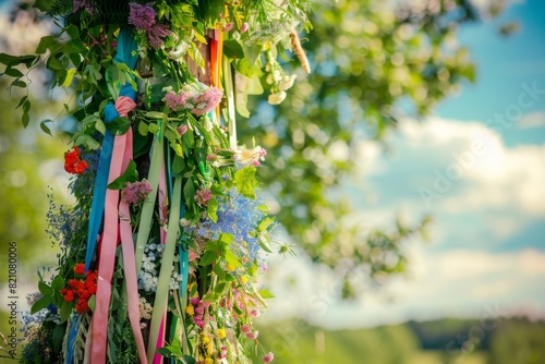 A vibrant maypole adorned with colorful ribbons, flowers, and foliage stands tall in a lush green field during Sweden's Midsummer celebration.
