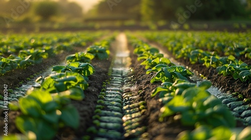 A lush green agricultural field with vibrant plants growing in neat rows, basking in the warm golden glow of sunset.