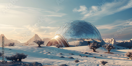 Ice igloos in beautiful winter nature with snowy mountains in background