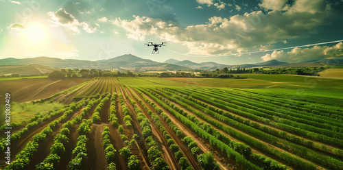 Panoramic view of a futuristic agricultural landscape with drone pollinators and automated farming machinery