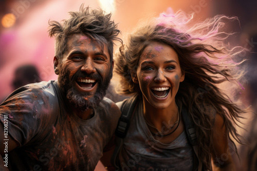 Happy couple in casual clothes celebrating Holi party in daylight