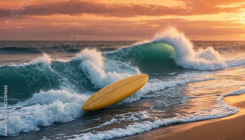 Surfboard on beautiful beach. Seascape of summer beach with waves and sunset.