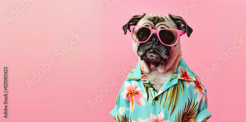Portrait of cute pug in trendy pink sunglasses and Hawaiian shirt isolated on pink background with copy space, travel illustration.