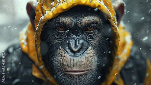 In the nocturnal cityscape's snowy embrace, a chimpanzee with a humanoid guise and enigmatic charisma strutted confidently in a black-and-yellow hooded jacket..illustration stock image